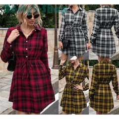 シャツワンピース レディース ワンピース チュニック ロングシャツ 春秋 長袖 折り襟 チェック柄 お洒落 ゆったり 体型カバー カジュアル ゆるっと 通勤 40代