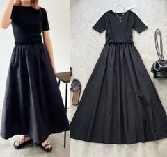 SALEセール最安値！新品！ドッキングギャザーワンピース黒フレアロングワンピースブラックロングワンピース