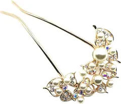 Miaomyao ミャオミャオ 簪 かんざし バチ型 髪飾り 和装 金属 パール ビジュー フラワー 花 コーム ピンクゴールド ヘアアクセサリー(ピンクゴールド,  大きめ)