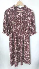 ◇ continuer de NICE CLAUP 花柄 七分袖 ロング丈 ワンピース サイズF ボルドー系 レディース E  【1406050063986】