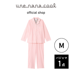 【ウンナナクール公式】＼数量限定／  綿混  ニットストライプ  開襟シャツパジャマ  ピンク  Mサイズ  1点
