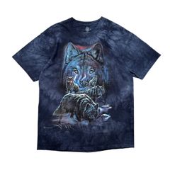 【L】古着 THE MOUNTAIN アニマル アート Tシャツ オオカミ ウルフ タイダイ ネイビー