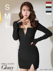 ブラック [GL3239-B-2401]【ROBE de FLEURS Glossy/ローブ・ド・フルール グロッシー】フロントジップ/ ロングスリーブ/ 袖あり/ ワッフル/ ワンカラー/ ストレッチ/ タイト/ ミニドレス/ キャバドレス/ ナイトドレス