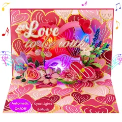 【在庫セール】パートナー、夫、妻、恋人、彼氏、彼女への贈り物に最適   LEDライト付きロマンチックなハートフレームと花、蝶 バレンタインデー＆記念日のための音楽付き3Dポップアップカード