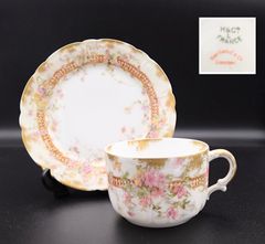 1890年頃 アビランド リモージュ 金彩 上級仕様 花籠図 パネルリム フランス名窯 カップ＆ソーサー Y013