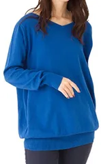 Sleeping Sheep(スリーピング シープ) スリーピングシープ ゆったり ちょいなが Vネック コットン ニット 無地 ロング セーター シンプル チュニック 大きいサイズ レディース(ブルー,  4L-5L)