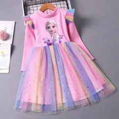 アナと雪の女王(ピンク) エルサ 子供服 長袖 ワンピース ドレス ピンク ブルー２色 100cm-150cm 誕生日パーティー カジュアルファッション プリンセスファッション キューティー 春 秋 冬