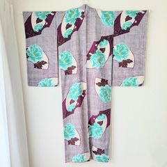 Japanese Antique Kimono Robe Dress Silk Purple,Light Green Peony pattern 着物 アンティーク 正絹 銘仙 袷 紫 芍薬柄 地紙文 バチ衿 大正浪漫 時代布 古布 和洋折衷