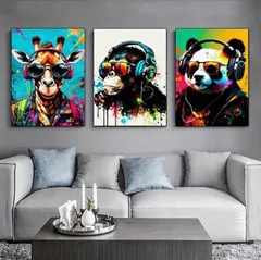 【３枚セット】まとめ売りポスター　インテリア　ミッドセンチュリー　42×30 アメリカン　猿　パンダ　キリン　アニマルDJポスター