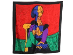 【お得なクーポン配布中!】 100% シルク ピカソ アート 大判 スカーフ 正方形 絵画柄 肖像画柄 レディース ストール PICASSO  ハンカチ 大きいサイズ 黄色い背景の女