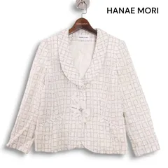 美品★HANAE MORI ハナエモリ 通年～秋冬 ラメ チェック★  ビジュー ショールカラー ツイード ジャケット Sz.40 レディース