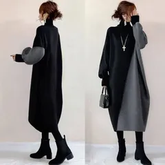 ニットワンピース 即購入OK レディース ニット ワンピース バブル袖 配色 切り替え ハイネック ロング丈 膝下丈 体型カバー ゆったり シンプル カジュアル  おしゃれ かわいい 秋 冬 通勤 通学 xzzhang716