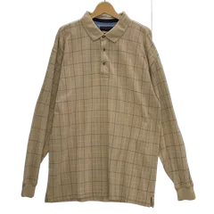 90's TOMMY HILFIGER GOLF/90年代 トミーヒルフィガーゴルフ オールドトミー チェック柄 長袖 ポロシャツ オーバーサイズ ビッグシルエット MALAYSIA製 メンズ XL XG/XG ベージュ