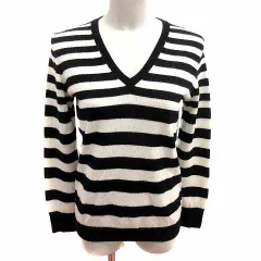 セオリー Theory ニット セーター Vネック ボーダー 長袖 カシミヤ S 黒 ブラック 白 ホワイト /YK