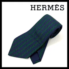 U【HERMES】ネクタイ SILK/シルク 100% ストライプ 螺旋 金具 総柄 ネイビー グリーン/緑 7010 TA エルメス (57809SS2)