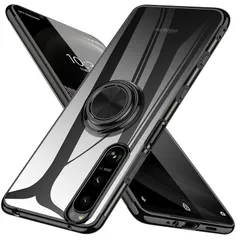 Xperia 5 III ケース SO-53B カバー リング クリア TPU 耐衝撃 透明 SOG05 スマホケース 黒 メッキ加工 一体型 スタンド機能 車載ホルダー ストラップホール Sony エクスペリア5III ケース ブラック 0