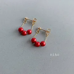 ◆ 169 ルージュ クリスタル パール フープ ピアス イヤリング レッド ◆　定番 人気 上品 シンプル ハンドメイド アクセサリー 結婚式 卒業式 入学式 オフィス　☆シルバーカラー変更可