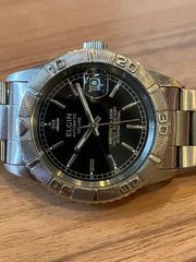 福本 エルジン デラックス サンダーバード オマージュ 自動巻き デイトジャスト 黒文字盤 純正ブレス メンズ腕時計 ステンレス