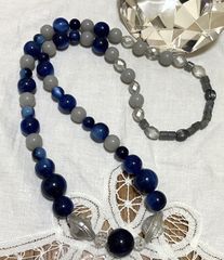 大玉×ラウンドカットビーズ ロングネックレス ブルー×グレー系