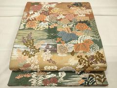 平和屋着物○アンティーク 大正ロマン 九寸名古屋帯 総刺繍 休み鳥枝椿  