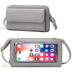 スマホショルダー 入れたまま操作 財布 一体型 レディース 防水 大きめ 大容量 斜めがけ スマホポーチ スマホバッグ ポシェット ストラップ付 (グレー)