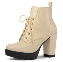 【発送無料】🌟Allegra K レースアップブーツ🌟レディース ショートブーツ 23.5cm ヒール10.5cm ハイヒール 厚底ブーツ 太ヒール ブーツ サイドジップ 編み上げ 大きいサイズ おしゃれ 美脚 厚底靴 送料無料ベージュ❣️