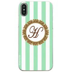 【新品未使用】らくらくスマートフォンme F-01L クリア ハードケース ( ストライプミント イニシャルH ) ボーダー ストライプ イニシャル cl-initial1-f01l-ca016_e_h