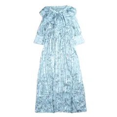 美品 トッコ TOCCO 花柄 × ラメ オーガンジー切替 フリル ロング ワンピース 七分袖 ストライプ バンドカラー ベルト付き サイズM ライトグレー系 レディース /BLM5