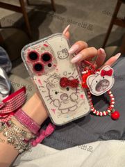 スマホケース　キティーちゃん　ホワイト　ストラップ付き　立体リボン　iPhone対応　アイフォンケース　iPhone16pro/16promax/15/14/13　可愛いケース　海外限定　新品未使用