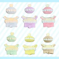 ぬい服｜13cm 14cm 15cm 16cm｜マカロンセット（帽子+サロペット）｜ぬいぐるみ服｜編み物　ニット　パステル　ピンク　ブルー　ミント　イエロー　ベージュ　ラベンダー　パープル　スイーツ　ケーキ　フルーツ　作家