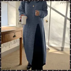 ニットワンピース 秋冬 ディープスリットレディース おしゃれ ロングワンピース 長袖 ラウンドネック ワンピース ゆったり 体型カバー Iラインワンピ韓国 無地ニットチュニック冬 ニットワンピ着回し オフィスカジュアル