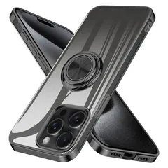 iPhone 15 Pro 用 ケース リング クリア iphone 15pro 用 カバー スマホケース 透明 ストラップホール付き TPU 耐衝撃 滑り止め 黒 メッキ加工 スタンド機能 車載ホルダー 一体型 アイフォン 15pro 用 ケース ブラック