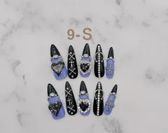ネイルチップ　9-Ｓ ロングポイント　ブラック系　パープル　ハートストーン　姫地雷系