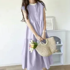 ☆ パープル×ストライプ ☆ ワンピース レディース シャツワンピース バックリボン ワンピース レディース シャツワンピース ワンピ シャツワンピ ロングワンピース ロングワンピ フレアスカート バックリボン リボン 袖なし 袖無し そで無し