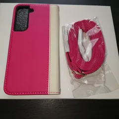 Galaxy S21　ローズレッド　＋　ホワイト　ツートーン　 Galaxy S21 ケース 手帳型  携帯電話スマホケース サイドマグネット　スタンド　レザー　人気色　　ネックストラップ　斜め掛け　おしゃれ