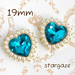 【 3個 】 19mm ハート パール付き センターパーツ ストーン ビジュー カボション ピーコックブルー×ゴールドフレーム
