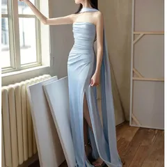 【新品 未使用】2026新作 イブニングドレス ブルー 水色 サテン ドレス 結婚式ドレス 二次会ドレス パーティードレス 発表会ドレス タイト スリット入り オフショルダー ベアトップ ライトブルー ロングドレス 