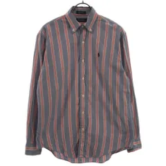 ポロバイラルフローレン 80s USA製 ヴィンテージ 緑タグ ボーイズ ストライプ ロゴ刺繍 長袖 ボタンダウンシャツ L ブルー×レッド Polo by Ralph Lauren メンズ