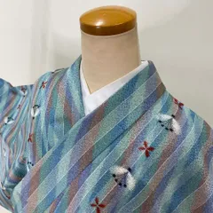 小紋 単衣 洗える着物 幅広 大きい 裄68.5cm 身丈165cm お洒落着 普段着 ポリエステル 水色 L サイズ 3856