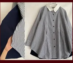 新品♡クレリック 異素材切替ストライプシャツ ロングテール/紺白ストライプ/M L LL