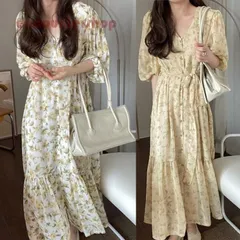 ワンピース レディース ワンピース キレイめ 膝丈ワンピース 夏 半袖 シフォンワンピ 花柄 ロング丈ワンピ オシャレ Vネックワンピース 通勤 着痩せ
