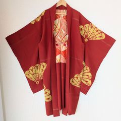 Japanese Vintage Haori Long Vermilion red Fan pattern Silk Kimono Jacket Old-ⅽloth 長羽織 羽織 正絹 縮緬 絞り染 朱赤 扇柄 古布 時代布 一点物 大正浪漫 和洋折衷