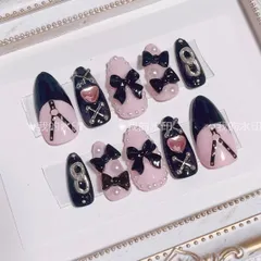8 ネイルチップ 量産型 地雷系 ベルト ハート リボン ブラック ピンク