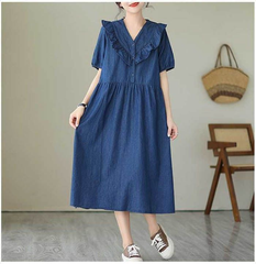 【全新品】デニムワンピース 夏 レディース ワンピース 半袖 vネック デニム ロングワンピース ミモレ丈ワンピース ワンピ 大きいサイズ ティアードワ 
