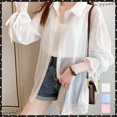 シャツブラウス 夏服 サマーカーディガン 透け感シャツ ゆったり シアーカーディガン 体型カバー 長袖 シフォンブラウス 袖口リボン 羽織り 韓国風 無地トップス シャツカーディガン 襟付きシャツ 薄手 シースルーシャツ