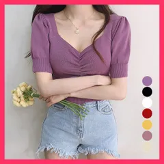 【スタッフおすすめ！】 ショート丈トップスレディースサマーニット 春秋夏ニット可愛い/ニットソー大人夏服/シャーリングニット スクエアネック リブニットトップス 半 おすすめ おしゃれ　かわいい　人気 86LYY-006