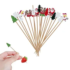 カクテルピック 約100本入り おしゃれ 竹 フルーツピック 使い捨て カクテルピン 可愛い サンタクロース クリスマスツリー トナカイ 雪だるま 爪楊枝 果物 ピンチョス ピック オードブルピン ケーキトッパー クリスマス 飾り (マルチカラー C) 0