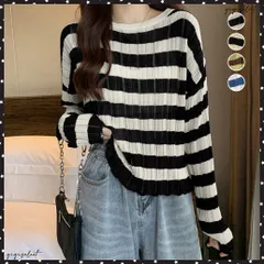 ニットトップス ボーダー柄 リブニットレディース カジュアル ニットウエア ラウンドネック 普段着 ニットプルオーバー おしゃれ 着回し ニットソー 韓国風長袖ニットインナー 着やせトップス春秋 重ね着 リブニット