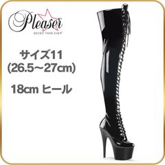 26.5 27 cm Pleaser プリーザー ニーハイブーツ サイハイブーツ レディース メンズ 18cm ヒール ピンヒール 厚底 黒 ブラック エナメル 編み上げ レースアップ サイドジッパー ハイヒール 大きいサイズ ポールダンス 18センチ ヒール
