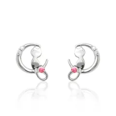 7月 誕生石 ルビー と ダイヤ K10 ホワイトゴールド の 月と猫 モチーフ ピアス 美輪宝石 ※製作納期約４週間